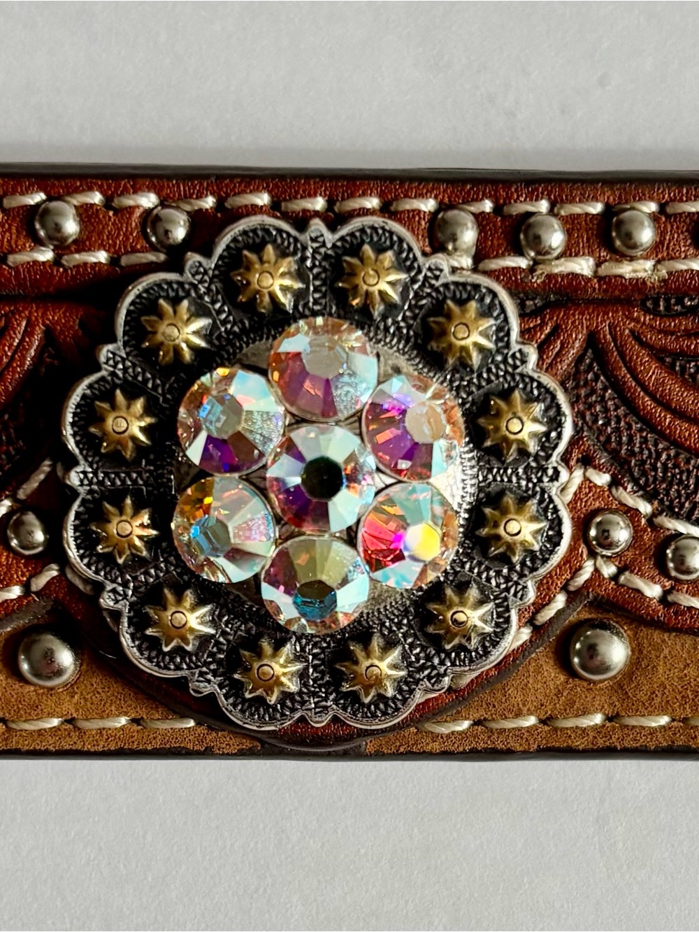 Nocona Women’s Western Tooled Leather Brown Rhinestone Buckle Belt - Picture 6 of 11